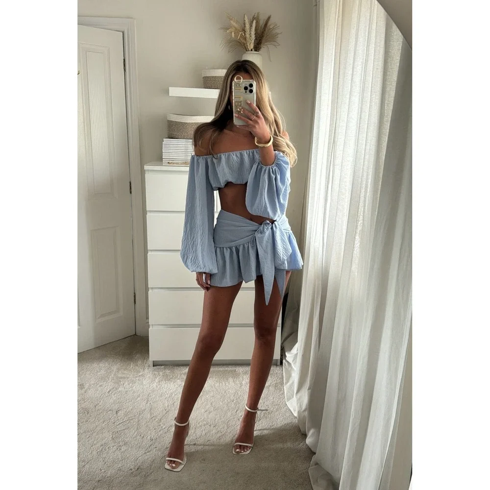 Lola Rae Jilly Co-Ord Blue Two Piece Set Crop Top Ruffle Skirt NWT Size M/L